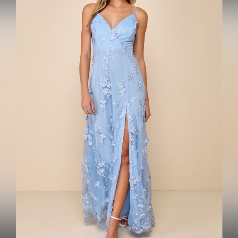 Rare Presence Powder Blue 3D Floral Surplice Maxi Dress